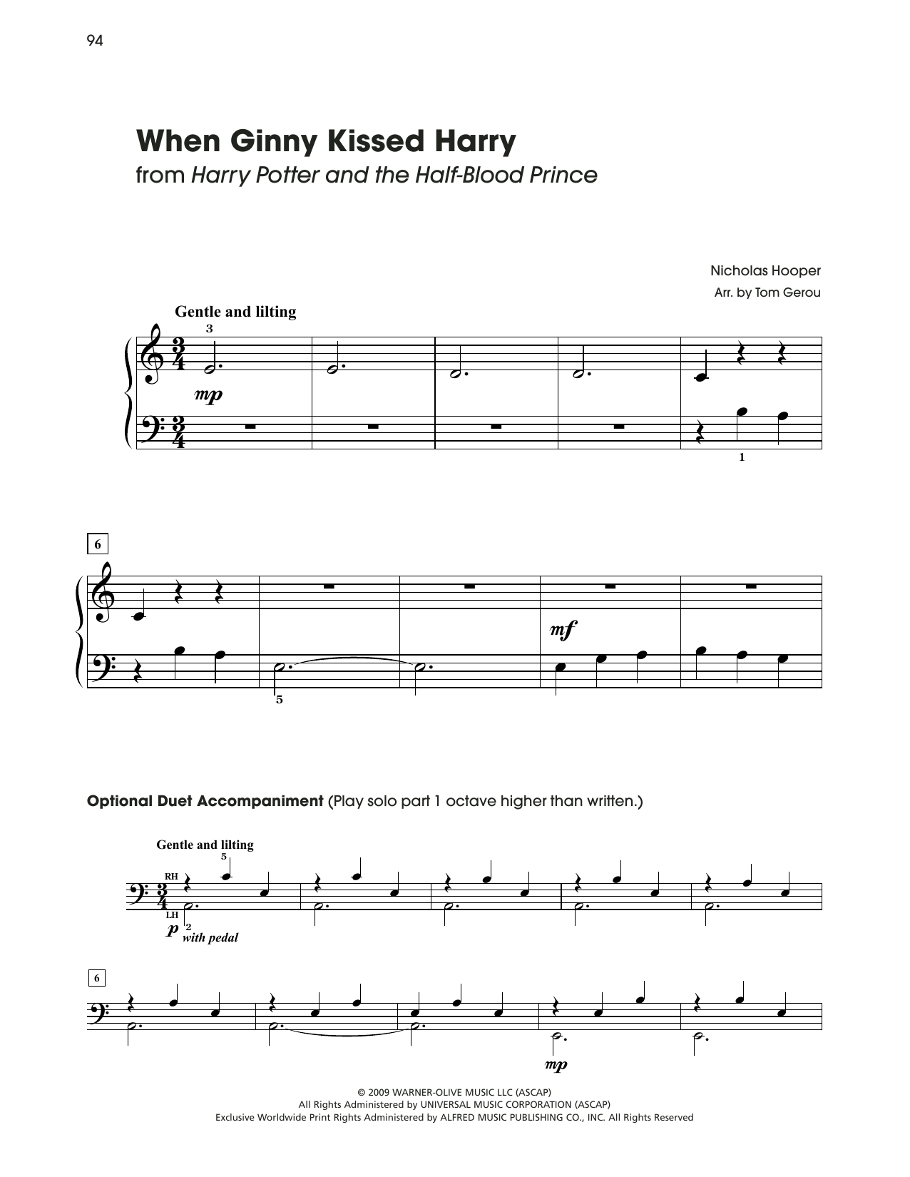 Nicholas Hooper When Ginny Kissed Harry (from Harry Potter) (arr. Tom Gerou) sheet music notes and chords. Download Printable PDF.