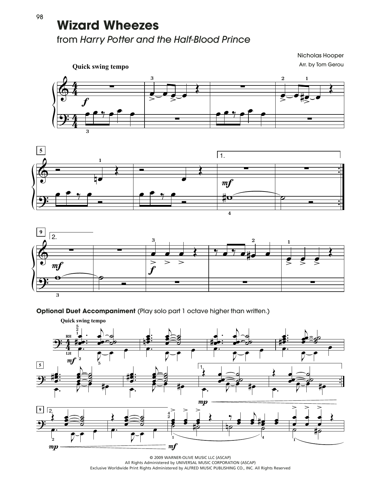 Nicholas Hooper Wizard Wheezes (from Harry Potter) (arr. Tom Gerou) sheet music notes and chords. Download Printable PDF.