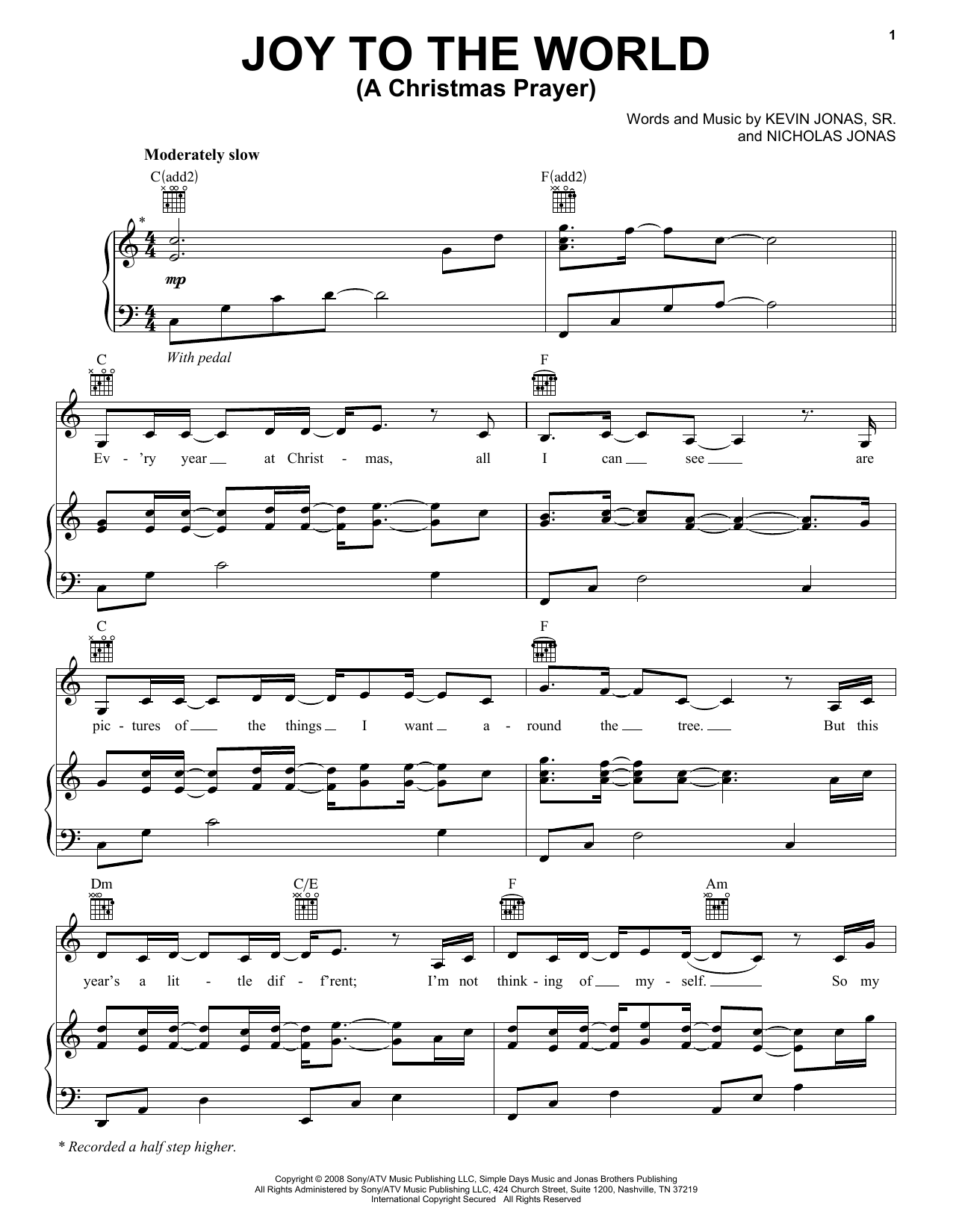 Nicholas Jonas Joy To The World (A Christmas Prayer) sheet music notes and chords arranged for Piano, Vocal & Guitar Chords (Right-Hand Melody)