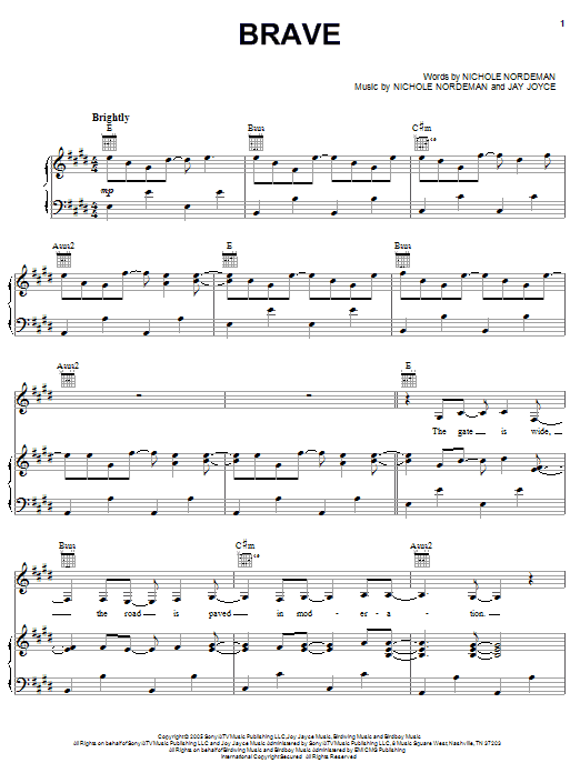 Learn to play Nichole Nordeman Brave sheet music for Piano, Vocal & Guitar Chords (Right-Hand Melody) in minutes. Price: 7.8900$ Nichole Nordeman Brave sheet music notes and chords arranged for Piano, Vocal & Guitar Chords (Right-Hand Melody)