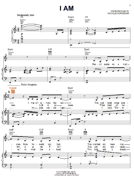 Learn to play Nichole Nordeman I Am sheet music for Piano, Vocal & Guitar Chords (Right-Hand Melody) in minutes. Price: 7.8900$ Nichole Nordeman I Am sheet music notes and chords arranged for Piano, Vocal & Guitar Chords (Right-Hand Melody)