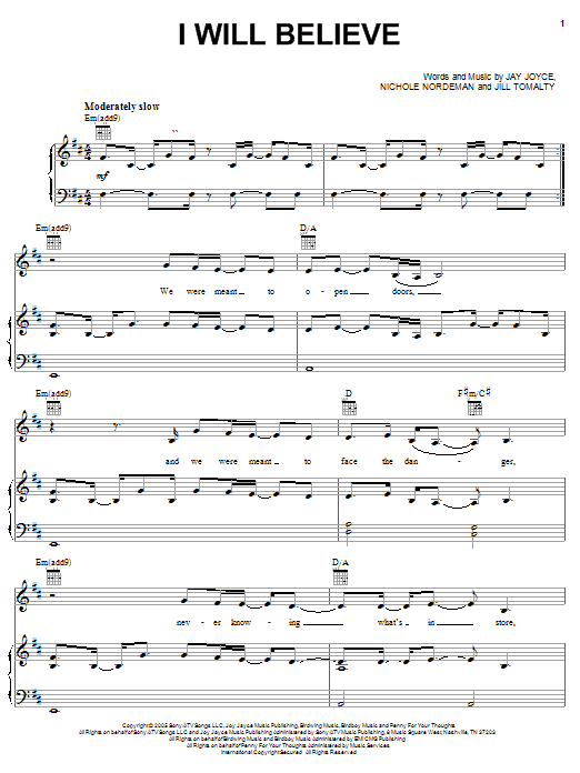Learn to play Nichole Nordeman I Will Believe sheet music for Piano, Vocal & Guitar Chords (Right-Hand Melody) in minutes. Price: 7.8900$ Nichole Nordeman I Will Believe sheet music notes and chords arranged for Piano, Vocal & Guitar Chords (Right-Hand Melody)