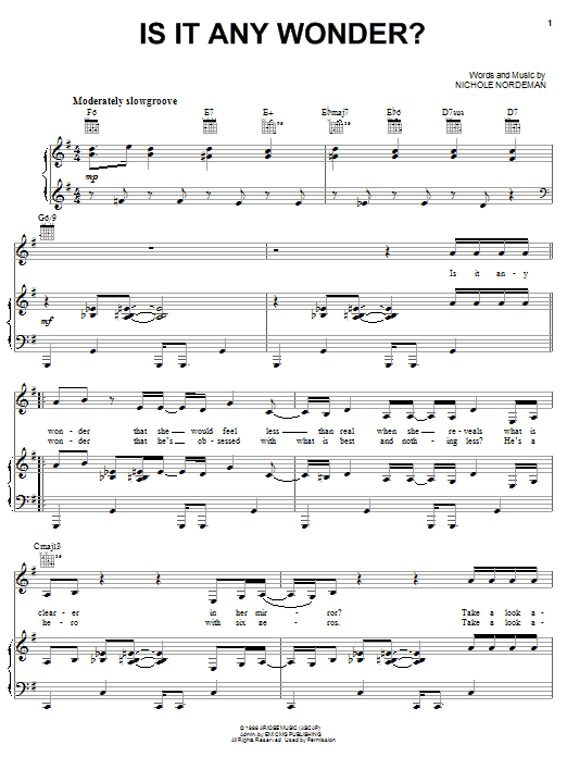 Learn to play Nichole Nordeman Is It Any Wonder? sheet music for Piano, Vocal & Guitar Chords (Right-Hand Melody) in minutes. Price: 7.8900$ Nichole Nordeman Is It Any Wonder? sheet music notes and chords arranged for Piano, Vocal & Guitar Chords (Right-Hand Melody)