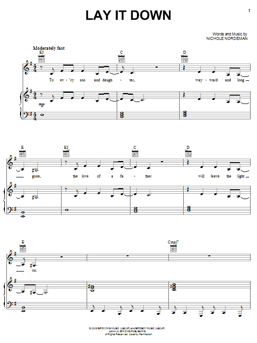 Learn to play Nichole Nordeman Lay It Down sheet music for Piano, Vocal & Guitar Chords (Right-Hand Melody) in minutes. Price: 7.8900$ Nichole Nordeman Lay It Down sheet music notes and chords arranged for Piano, Vocal & Guitar Chords (Right-Hand Melody)