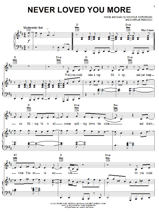 Nichole Nordeman Never Loved You More sheet music notes and chords arranged for Piano, Vocal & Guitar Chords (Right-Hand Melody)