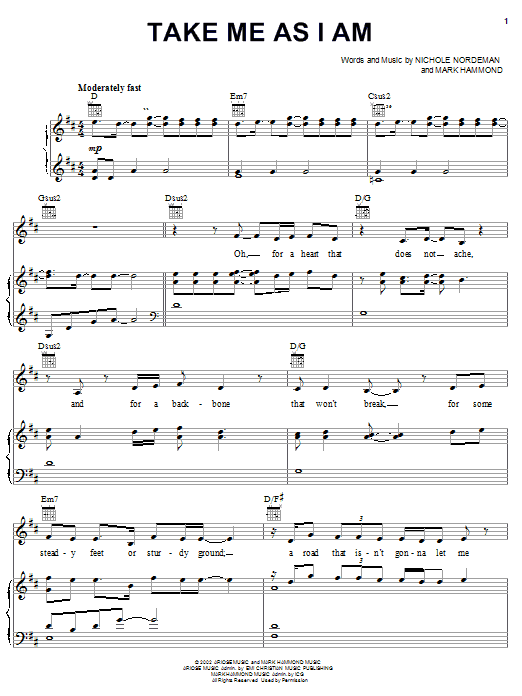 Learn to play Nichole Nordeman Take Me As I Am sheet music for Piano, Vocal & Guitar Chords (Right-Hand Melody) in minutes. Price: 7.8900$ Nichole Nordeman Take Me As I Am sheet music notes and chords arranged for Piano, Vocal & Guitar Chords (Right-Hand Melody)
