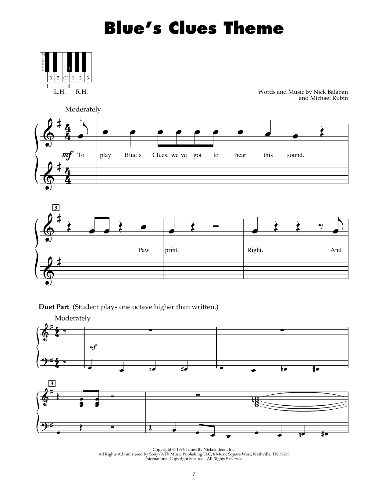 Nick Balaban Blue's Clues Theme sheet music notes and chords. Download Printable PDF.