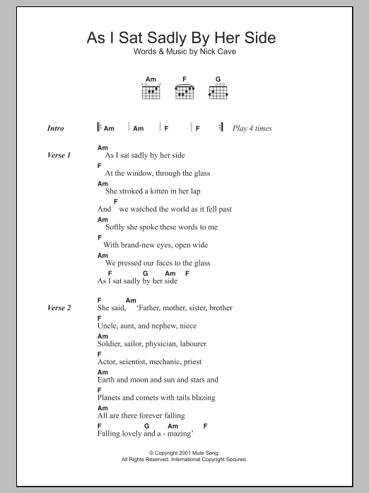 Nick Cave As I Sat Sadly By Her Side sheet music notes and chords. Download Printable PDF.