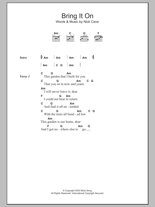 Nick Cave Bring It On sheet music notes and chords. Download Printable PDF.