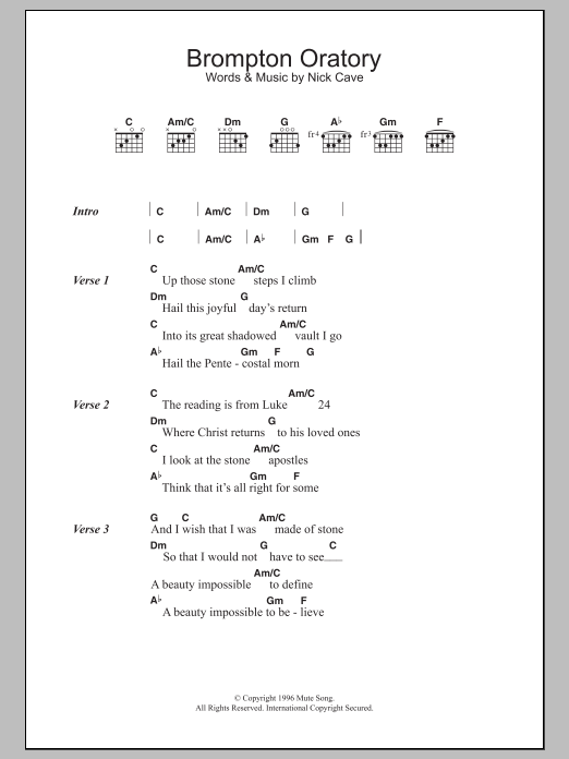 Nick Cave & The Bad Seeds Brompton Oratory sheet music notes and chords. Download Printable PDF.