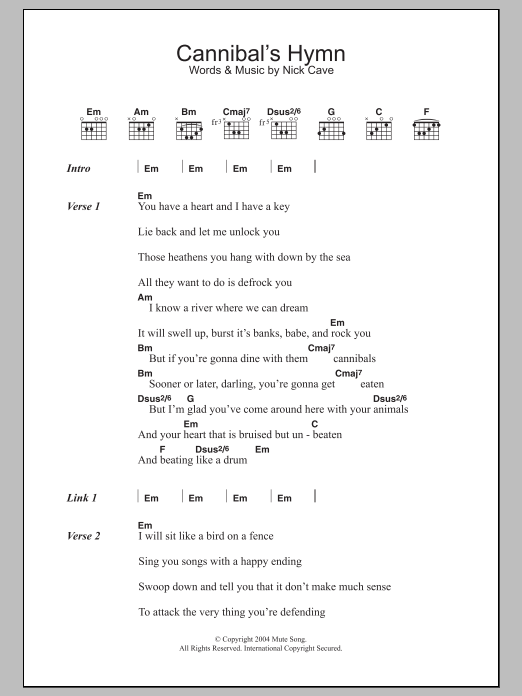 Nick Cave Cannibal's Hymn sheet music notes and chords. Download Printable PDF.