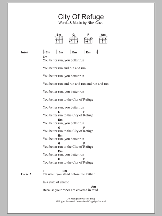 Nick Cave City Of Refuge sheet music notes and chords. Download Printable PDF.