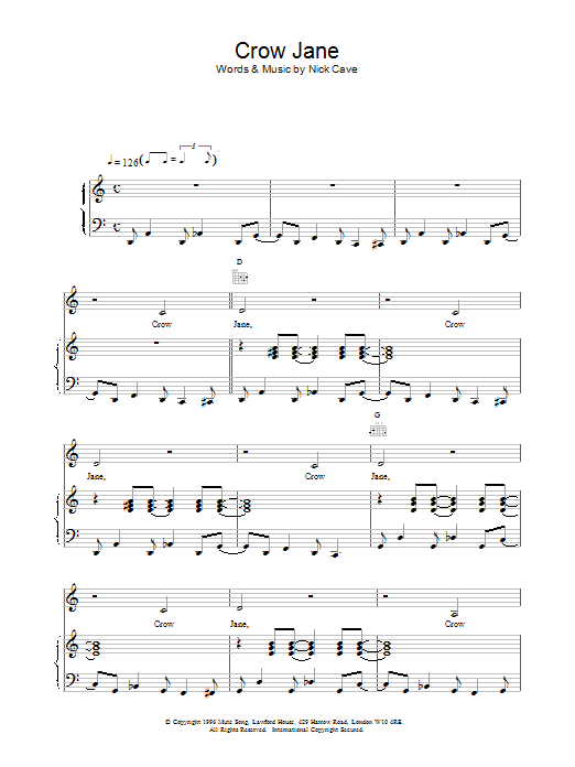 Nick Cave Crow Jane sheet music notes and chords arranged for Piano, Vocal & Guitar Chords