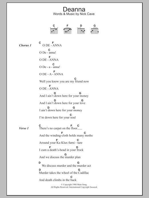 Nick Cave Deanna sheet music notes and chords. Download Printable PDF.