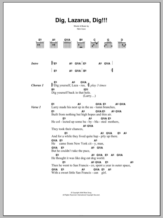 Nick Cave Dig, Lazarus, Dig!!! sheet music notes and chords. Download Printable PDF.