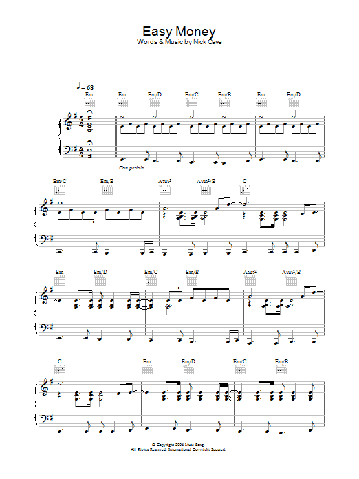 Nick Cave Easy Money sheet music notes and chords arranged for Piano, Vocal & Guitar Chords