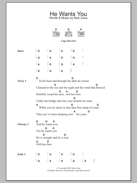 Nick Cave He Wants You sheet music notes and chords. Download Printable PDF.