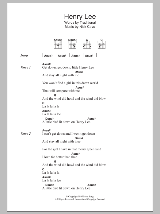 Nick Cave Henry Lee sheet music notes and chords. Download Printable PDF.