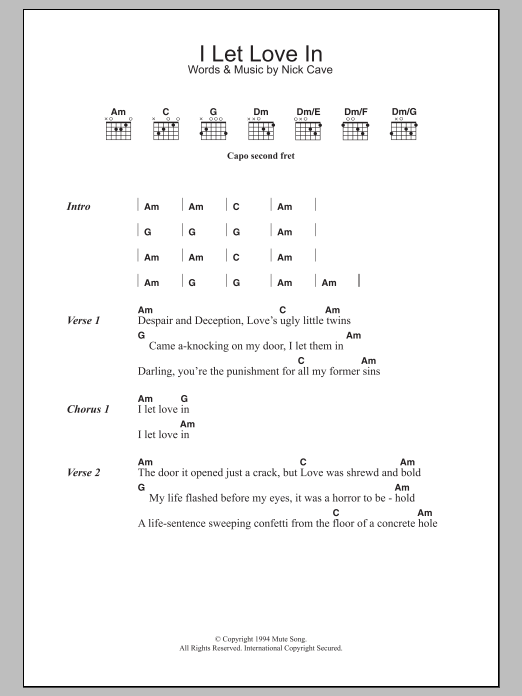 Nick Cave I Let Love In sheet music notes and chords. Download Printable PDF.