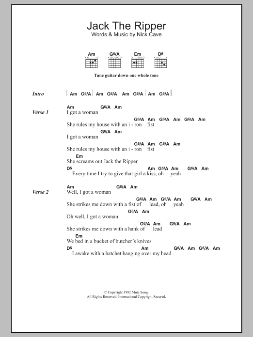 Nick Cave Jack The Ripper sheet music notes and chords. Download Printable PDF.