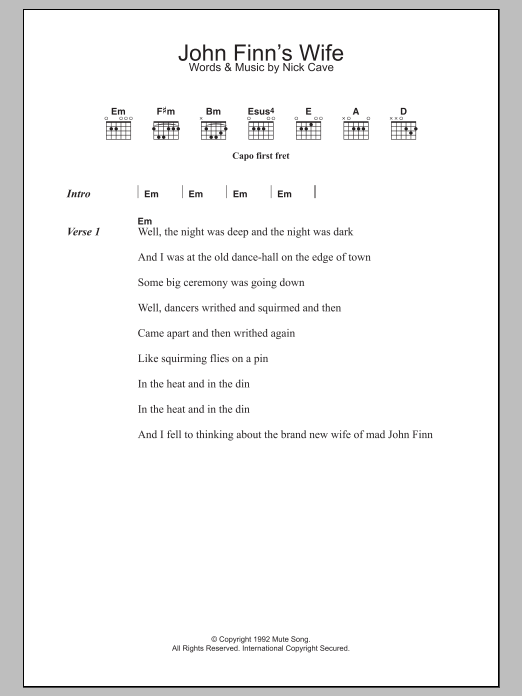 Nick Cave John Finn's Wife sheet music notes and chords. Download Printable PDF.