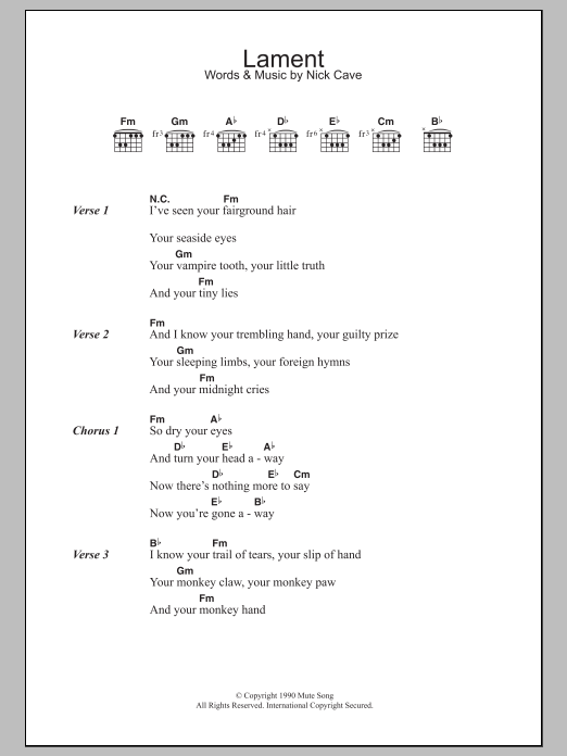 Nick Cave Lament sheet music notes and chords. Download Printable PDF.