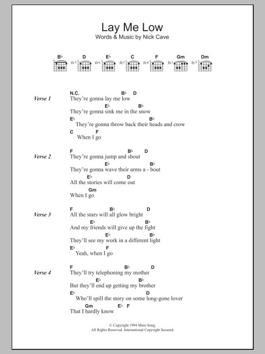 Nick Cave Lay Me Low sheet music notes and chords. Download Printable PDF.