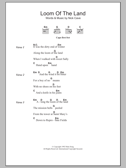 Nick Cave Loom Of The Land sheet music notes and chords. Download Printable PDF.