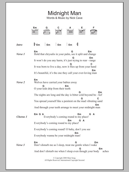 Nick Cave Midnight Man sheet music notes and chords. Download Printable PDF.