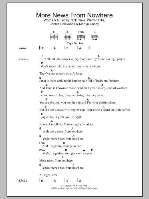 Nick Cave More News From Nowhere sheet music notes and chords. Download Printable PDF.