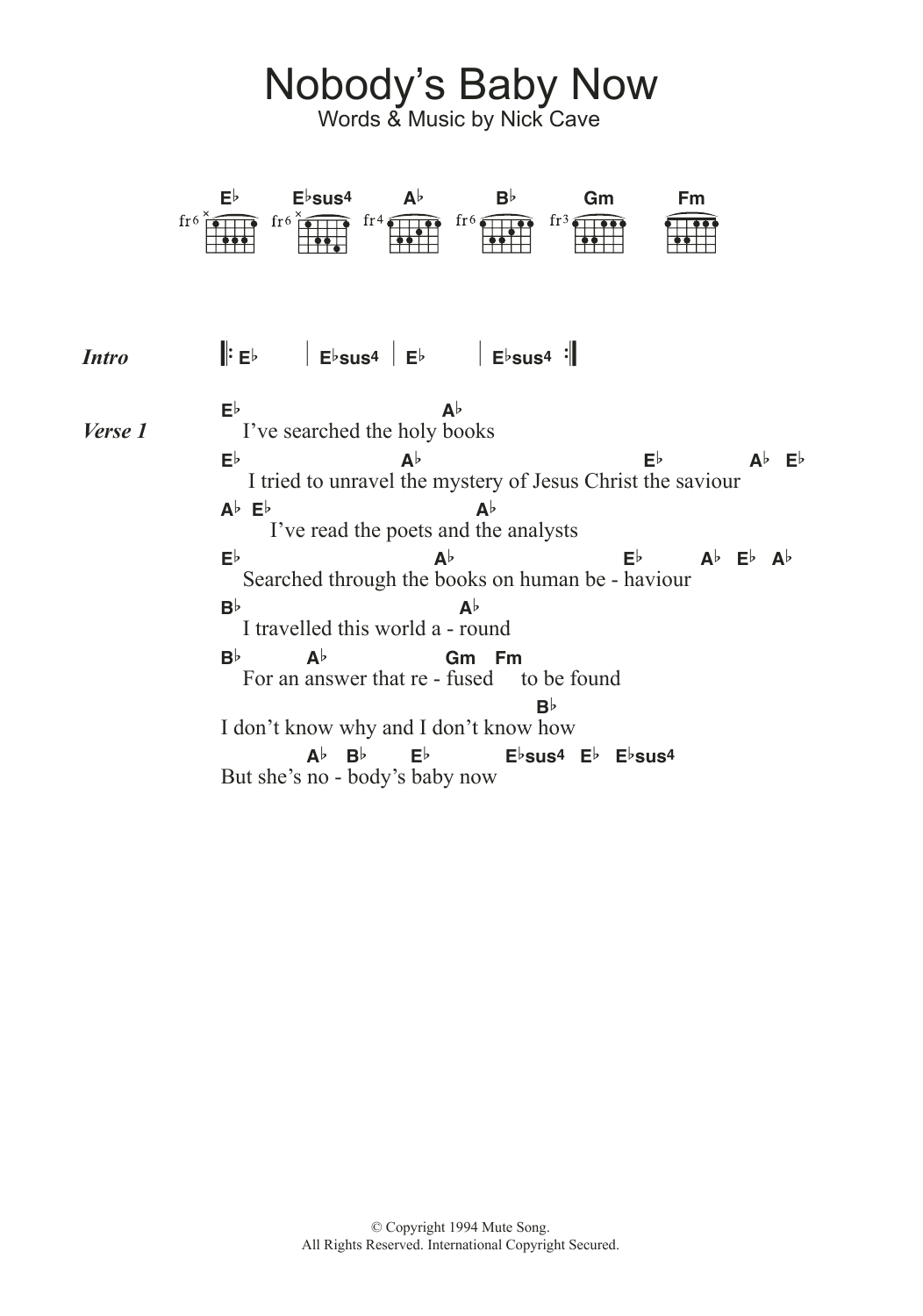 Nick Cave Nobody's Baby Now sheet music notes and chords. Download Printable PDF.