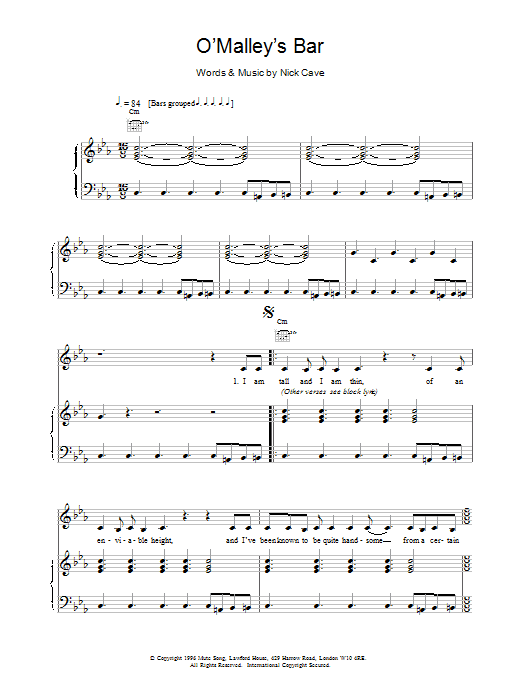 Nick Cave O'Malley's Bar sheet music notes and chords arranged for Piano, Vocal & Guitar Chords