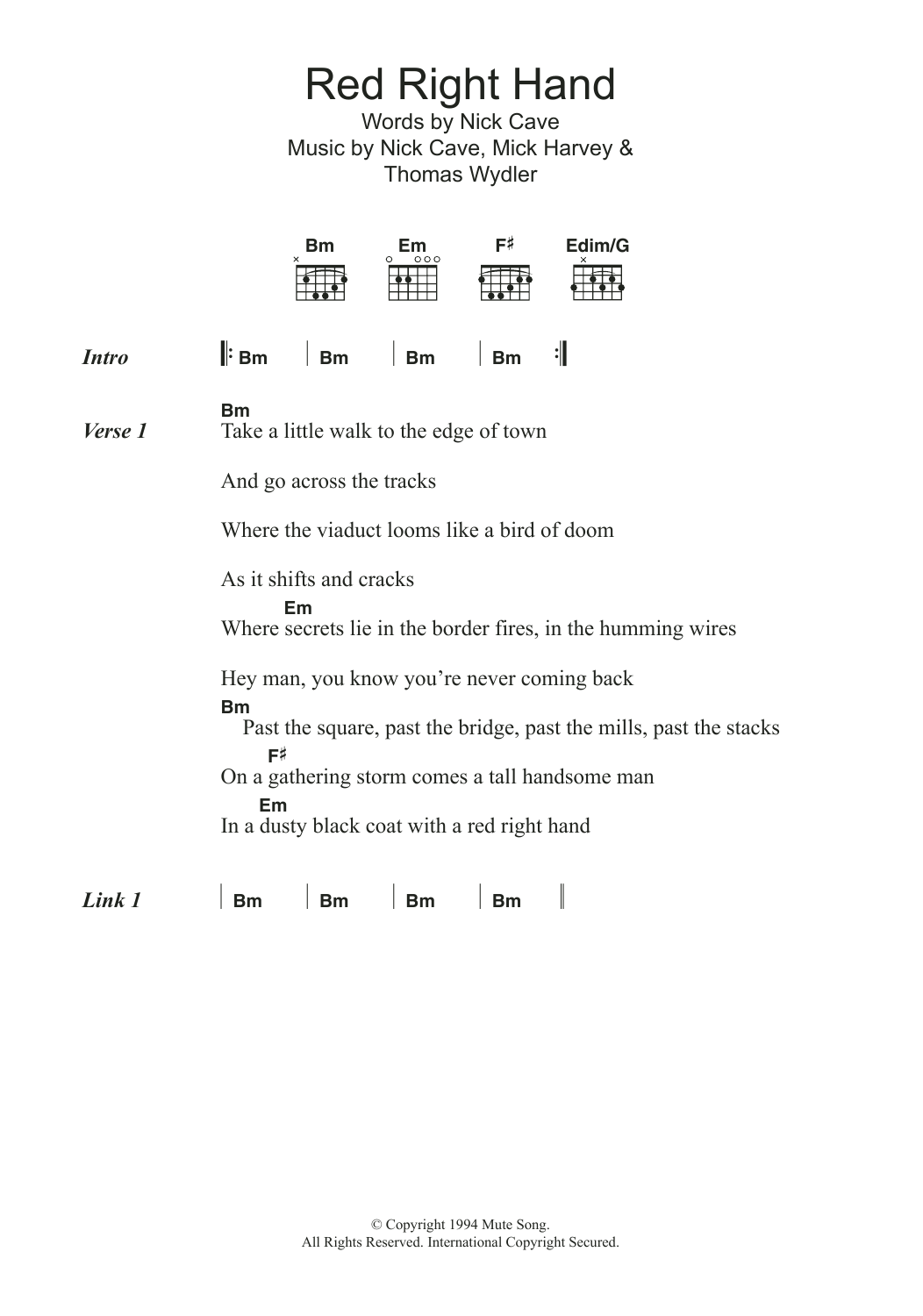 Nick Cave Red Right Hand sheet music notes and chords. Download Printable PDF.