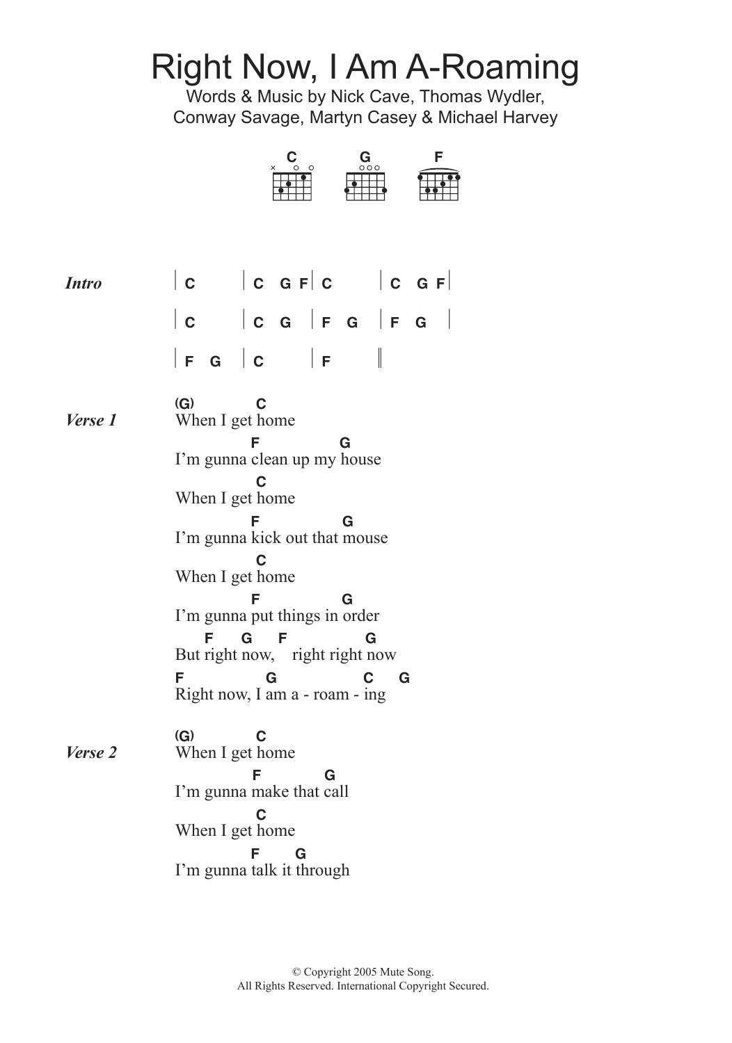 Nick Cave Right Now I'm A-Roaming sheet music notes and chords. Download Printable PDF.