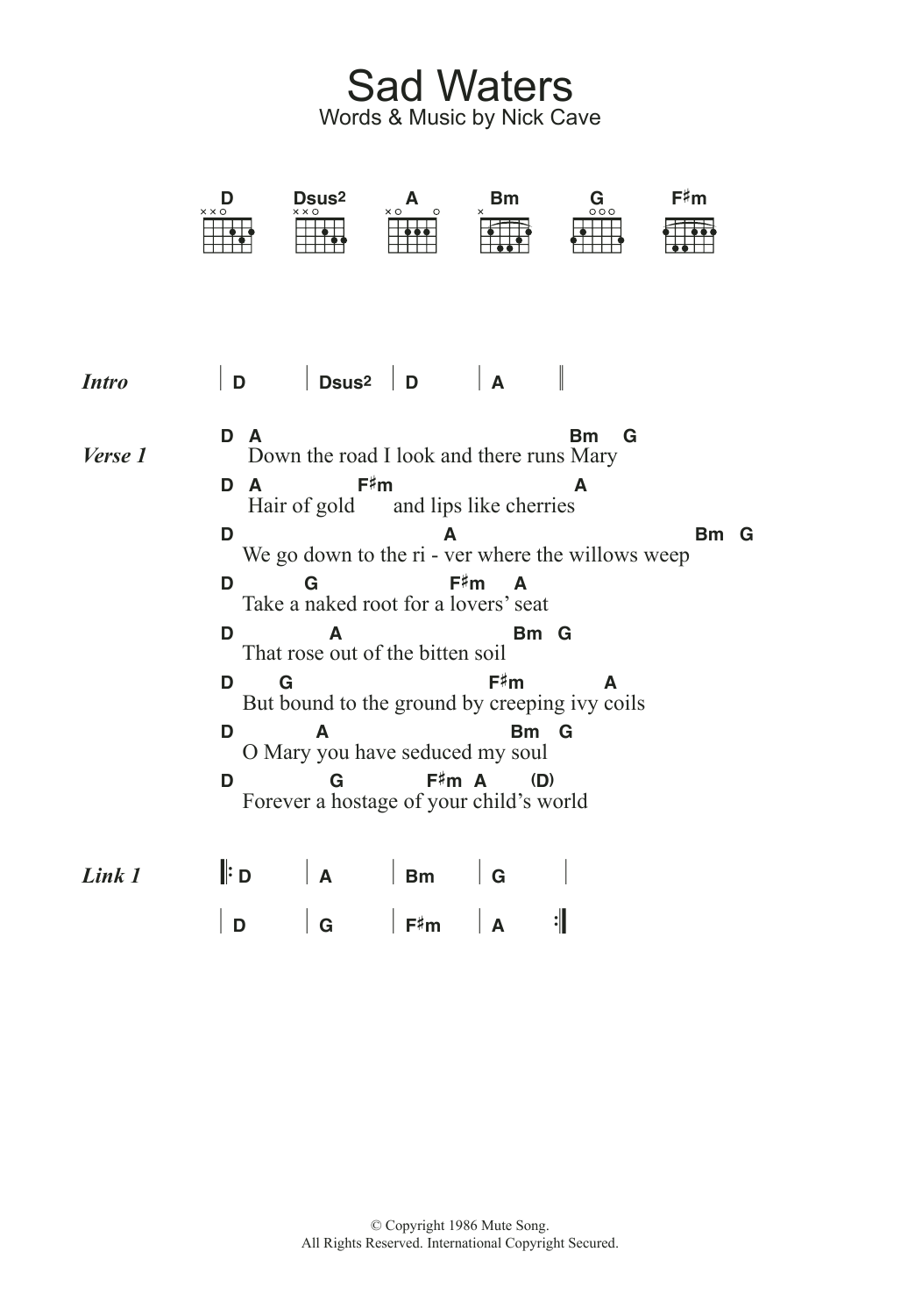 Nick Cave Sad Waters sheet music notes and chords. Download Printable PDF.