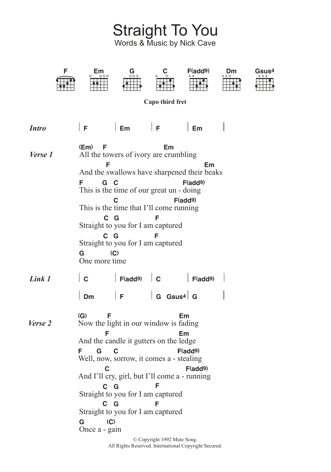 Nick Cave Straight To You sheet music notes and chords. Download Printable PDF.