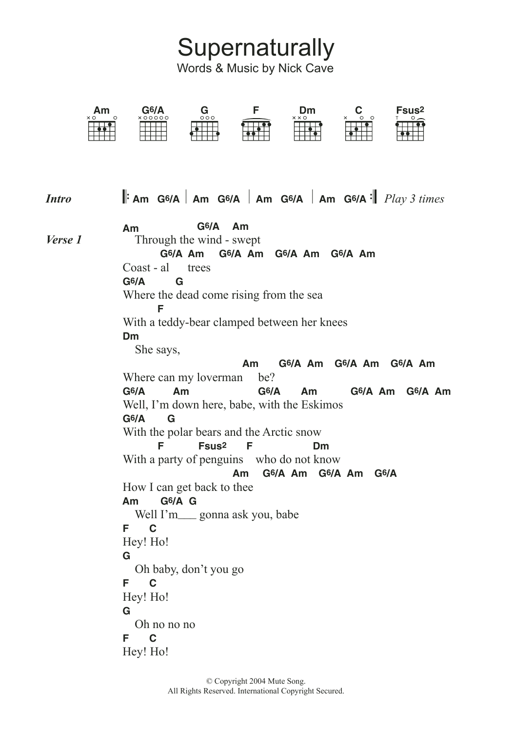 Nick Cave Supernaturally sheet music notes and chords. Download Printable PDF.