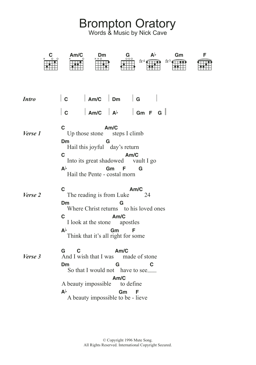 Nick Cave & The Bad Seeds Brompton Oratory sheet music notes and chords arranged for Guitar Chords/Lyrics