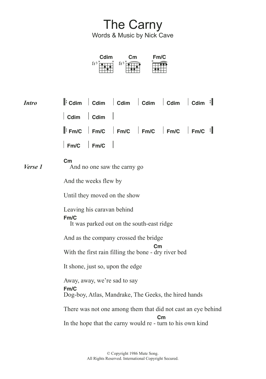 Nick Cave The Carny sheet music notes and chords. Download Printable PDF.