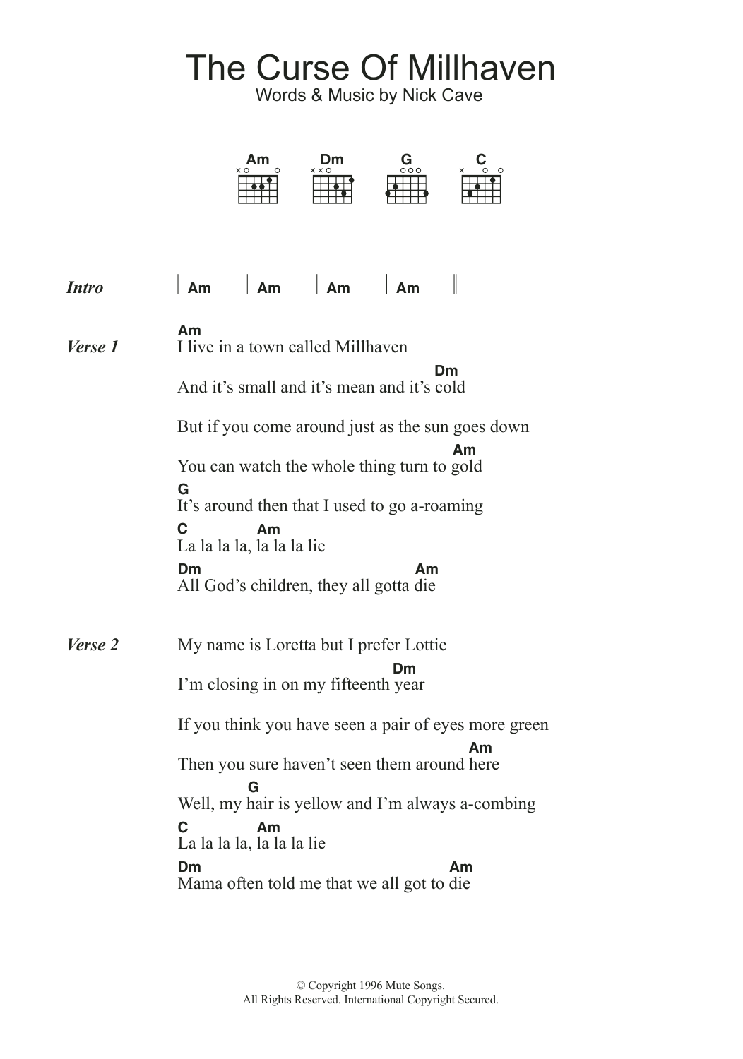 Nick Cave The Curse Of Millhaven sheet music notes and chords. Download Printable PDF.