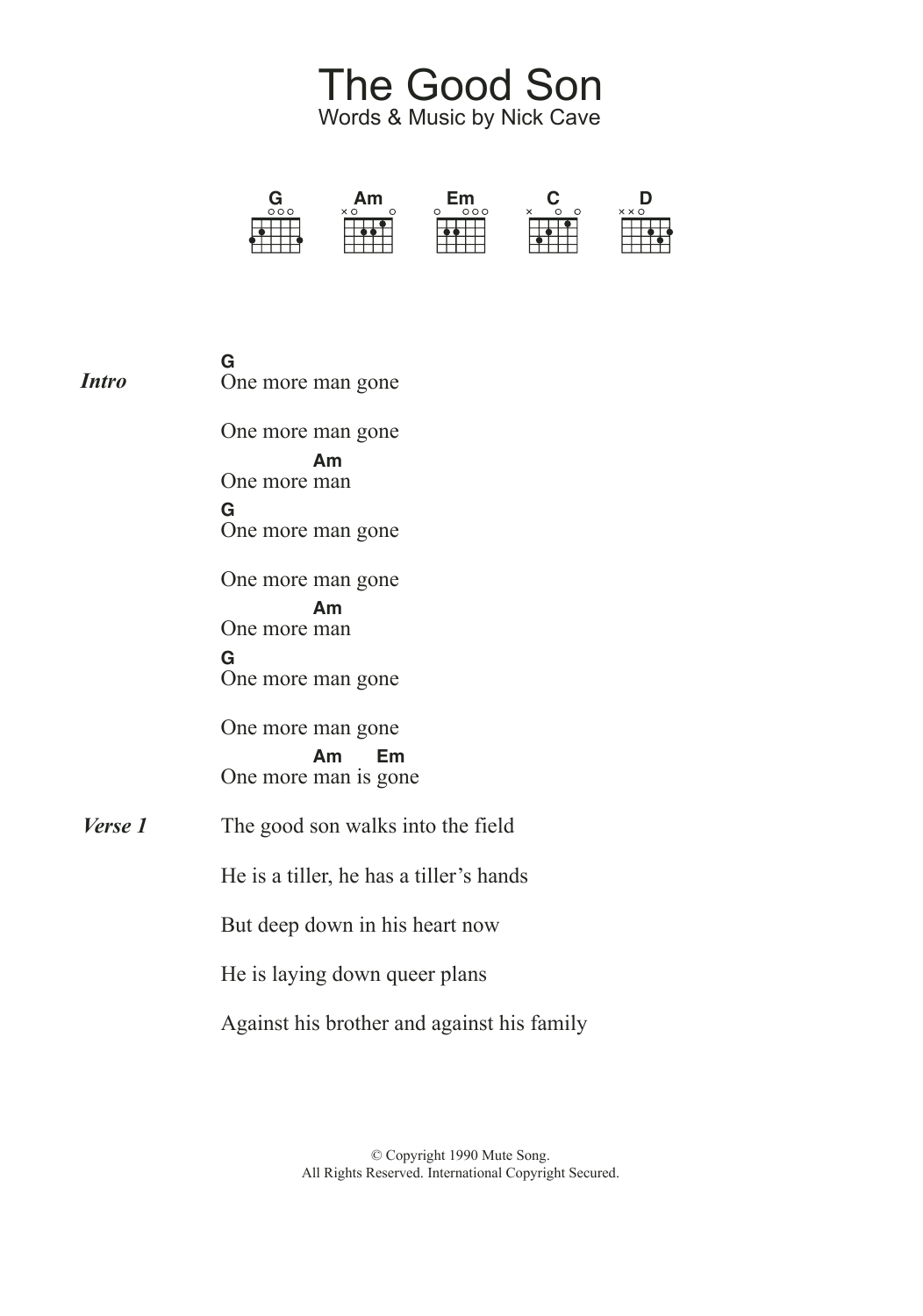 Nick Cave The Good Son sheet music notes and chords. Download Printable PDF.