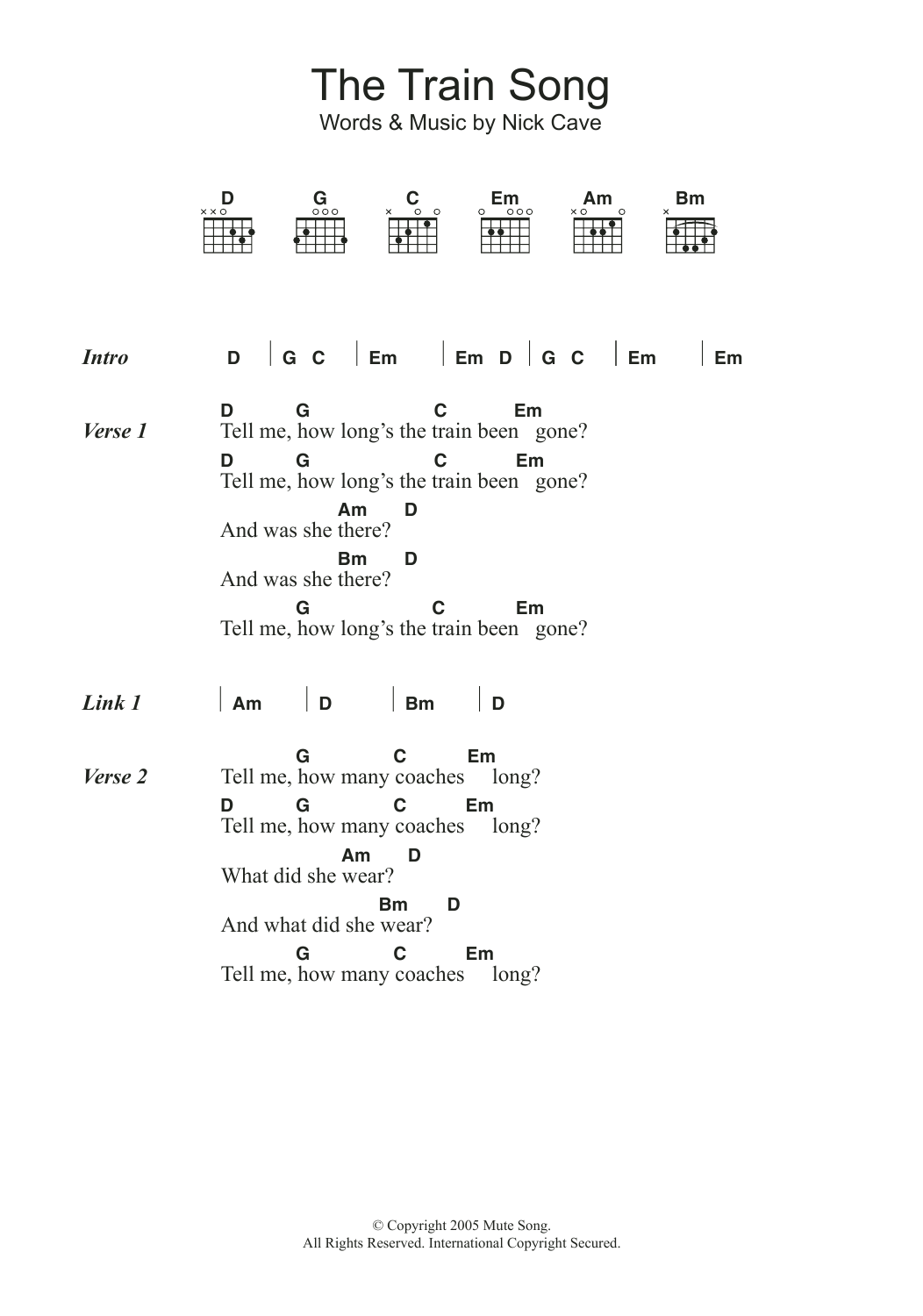 Nick Cave The Train Song sheet music notes and chords. Download Printable PDF.