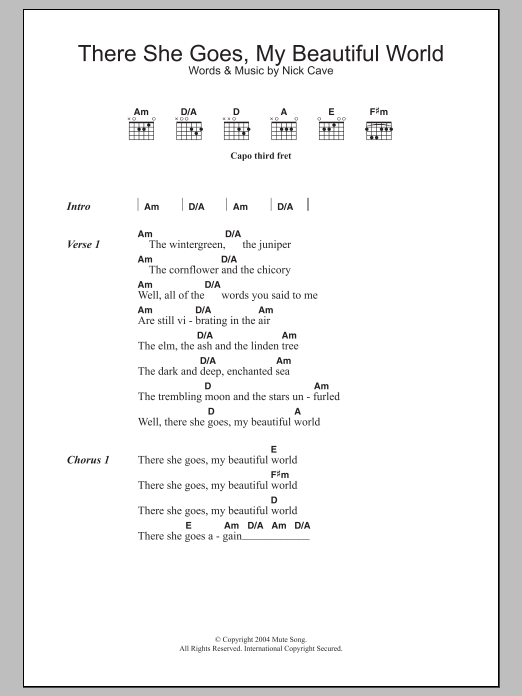 Nick Cave There She Goes, My Beautiful World sheet music notes and chords. Download Printable PDF.