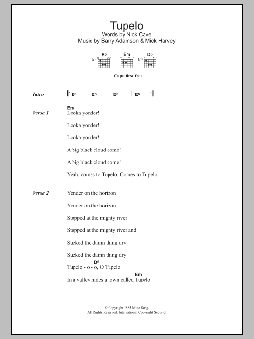 Nick Cave Tupelo sheet music notes and chords. Download Printable PDF.