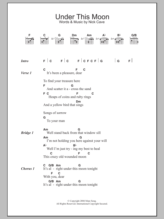 Nick Cave Under This Moon sheet music notes and chords. Download Printable PDF.