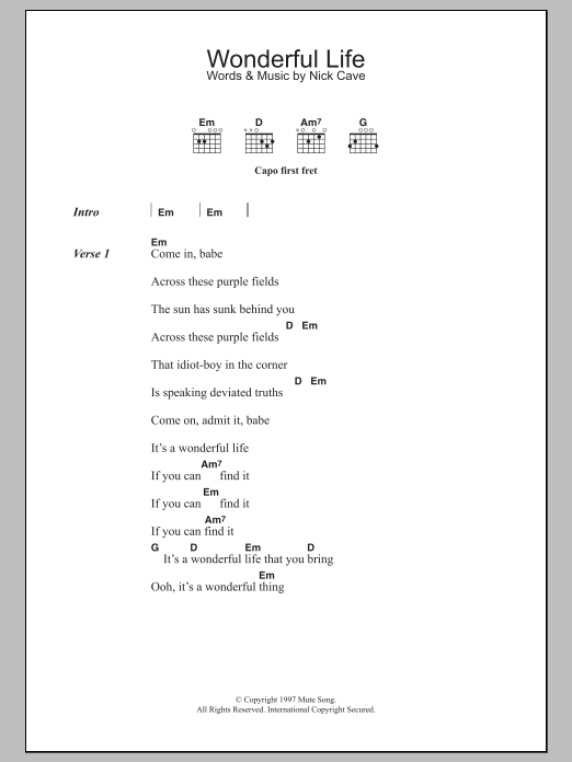 Nick Cave Wonderful Life sheet music notes and chords. Download Printable PDF.