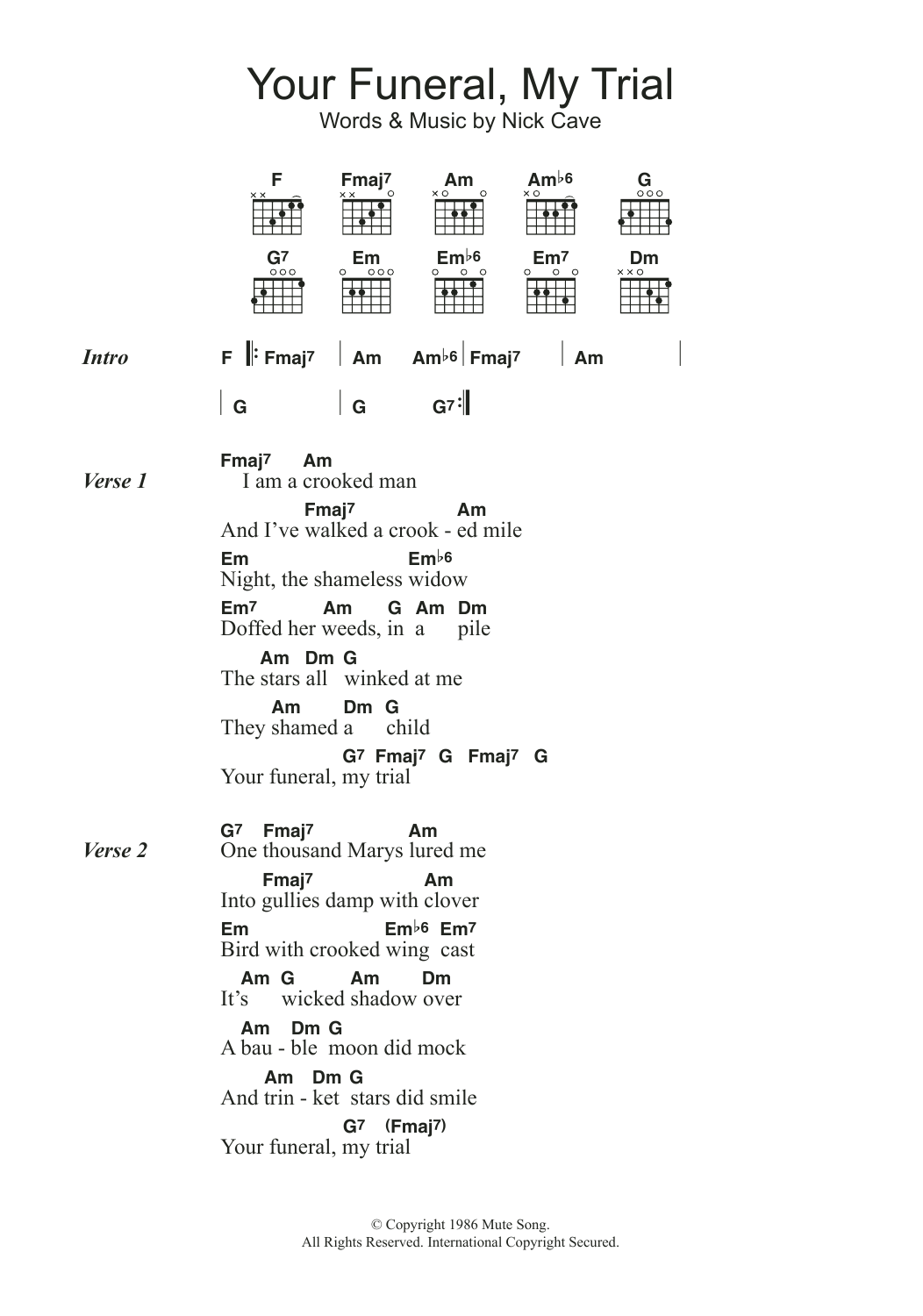 Nick Cave Your Funeral, My Trial sheet music notes and chords. Download Printable PDF.