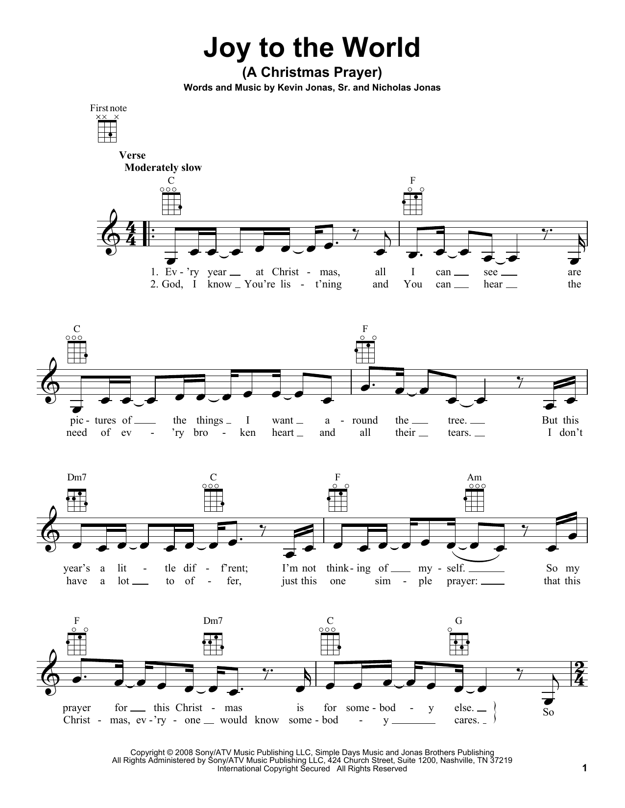 Learn to play Nick Jonas Joy To The World (A Christmas Prayer) sheet music for Ukulele in minutes. Price: 5.9900$ Nick Jonas Joy To The World (A Christmas Prayer) sheet music notes and chords arranged for Ukulele