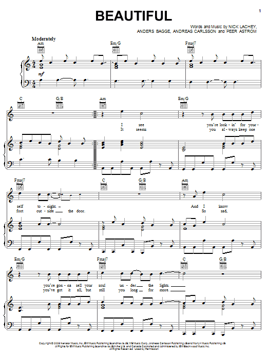 Learn to play Nick Lachey Beautiful sheet music for Piano, Vocal & Guitar Chords (Right-Hand Melody) in minutes. Price: 7.8900$ Nick Lachey Beautiful sheet music notes and chords arranged for Piano, Vocal & Guitar Chords (Right-Hand Melody)