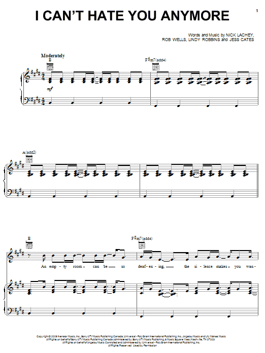 Learn to play Nick Lachey I Can't Hate You Anymore sheet music for Piano, Vocal & Guitar Chords (Right-Hand Melody) in minutes. Price: 7.8900$ Nick Lachey I Can't Hate You Anymore sheet music notes and chords arranged for Piano, Vocal & Guitar Chords (Right-Hand Melody)